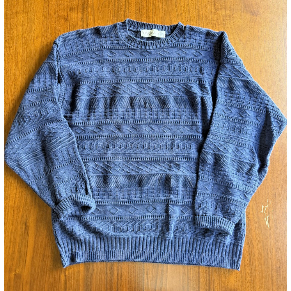 Vintage Oak Hall Men's Blue Textured Knit Cotton Crewneck Sweater - Size M